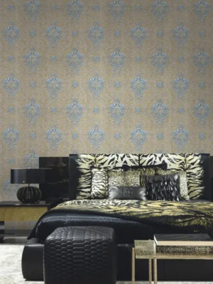 Roberto Cavalli Volume 8 luxury damask wallpaper with ornate gold and blue baroque pattern