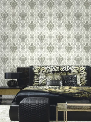 Roberto Cavalli Volume 8 luxury silver damask wallpaper with ornate baroque pattern