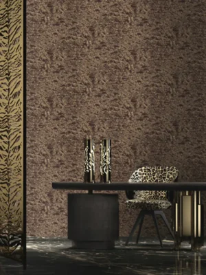 Roberto Cavalli Volume 8 luxury wallpaper with exotic animal-skin inspired texture in deep bronze, black and gold tones for bold premium interiors.