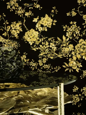 Roberto Cavalli Volume 8 luxury black wallpaper with gold floral and bird motifs for premium interiors