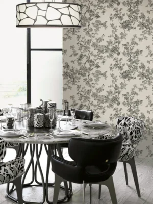 Roberto Cavalli Volume 8 luxury wallpaper with classic monochrome bird and floral toile pattern
