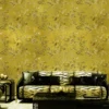 Roberto Cavalli Volume 8 luxury floral bird wallpaper in mustard gold with intricate botanical detailing for premium interiors