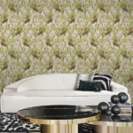 Roberto Cavalli Volume 9 luxury wallpaper with layered feather texture in ivory, sage green and champagne tones, creating an elegant nature-inspired wallcovering for premium interiors