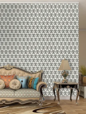 Roberto Cavalli Volume 9 luxury monogram wallpaper with repeating RC logo pattern in black on ivory background for premium designer interiors