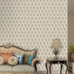 Roberto Cavalli Volume 9 luxury monogram wallpaper featuring an elegant RC chain motif in warm beige and gold tones, ideal for upscale interiors and designer spaces