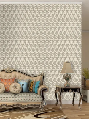 Roberto Cavalli Volume 9 luxury monogram wallpaper featuring an elegant RC chain motif in warm beige and gold tones, ideal for upscale interiors and designer spaces