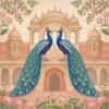Royal peacock pair wallpaper featuring two blue peacocks with ornate feathers in front of a Mughal palace, decorated with lotus flowers and traditional Indian motifs