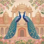 Royal peacock pair wallpaper featuring two blue peacocks with ornate feathers in front of a Mughal palace, decorated with lotus flowers and traditional Indian motifs
