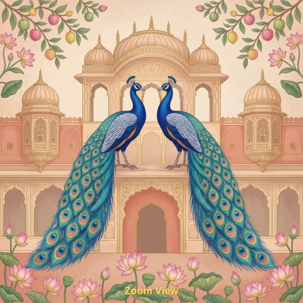 Royal peacock pair wallpaper featuring two blue peacocks with ornate feathers in front of a Mughal palace, decorated with lotus flowers and traditional Indian motifs