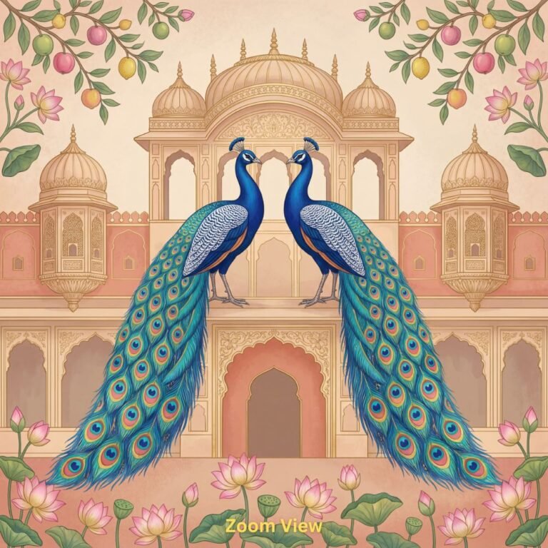 Royal peacock pair wallpaper featuring two blue peacocks with ornate feathers in front of a Mughal palace, decorated with lotus flowers and traditional Indian motifs