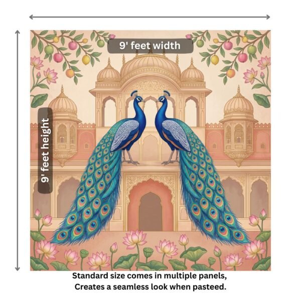 Royal peacock pair wallpaper featuring two blue peacocks with ornate feathers in front of a Mughal palace, decorated with lotus flowers and traditional Indian motifs