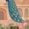 Royal peacock pair wallpaper featuring two blue peacocks with ornate feathers in front of a Mughal palace, decorated with lotus flowers and traditional Indian motifs