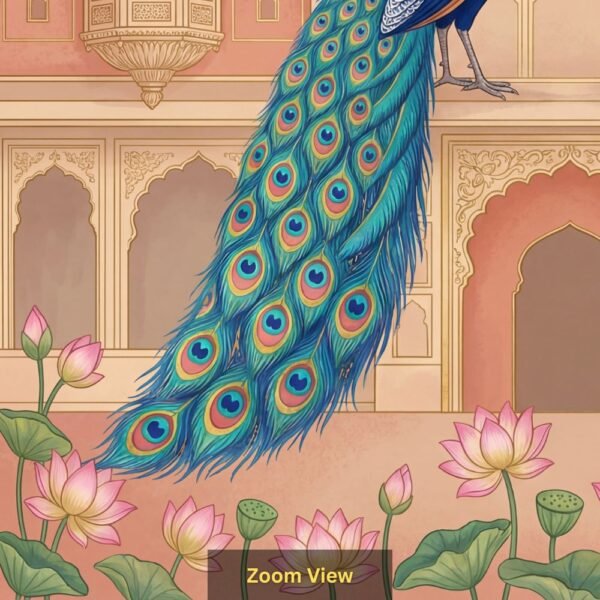 Royal peacock pair wallpaper featuring two blue peacocks with ornate feathers in front of a Mughal palace, decorated with lotus flowers and traditional Indian motifs