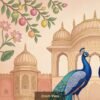 Royal peacock pair wallpaper featuring two blue peacocks with ornate feathers in front of a Mughal palace, decorated with lotus flowers and traditional Indian motifs