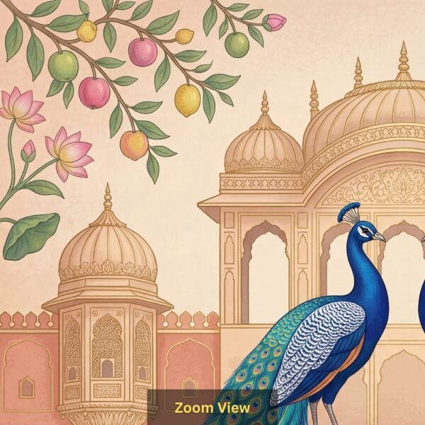 Royal peacock pair wallpaper featuring two blue peacocks with ornate feathers in front of a Mughal palace, decorated with lotus flowers and traditional Indian motifs