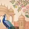 Royal peacock pair wallpaper featuring two blue peacocks with ornate feathers in front of a Mughal palace, decorated with lotus flowers and traditional Indian motifs