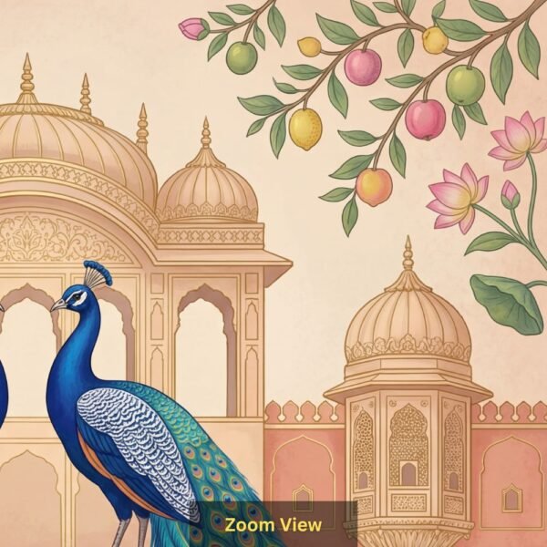 Royal peacock pair wallpaper featuring two blue peacocks with ornate feathers in front of a Mughal palace, decorated with lotus flowers and traditional Indian motifs
