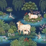 Sacred cow and calf wallpaper in Indian miniature painting style featuring lotus ponds, birds, lush greenery, and traditional nature motifs on a deep blue background