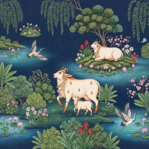 Sacred cow and calf wallpaper in Indian miniature painting style featuring lotus ponds, birds, lush greenery, and traditional nature motifs on a deep blue background