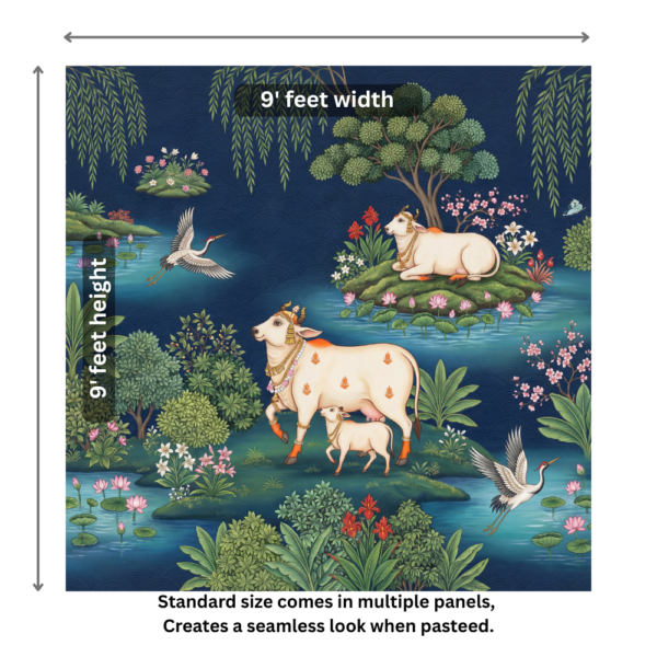 Sacred cow and calf wallpaper in Indian miniature painting style featuring lotus ponds, birds, lush greenery, and traditional nature motifs on a deep blue background