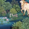 Sacred cow and calf wallpaper in Indian miniature painting style featuring lotus ponds, birds, lush greenery, and traditional nature motifs on a deep blue background