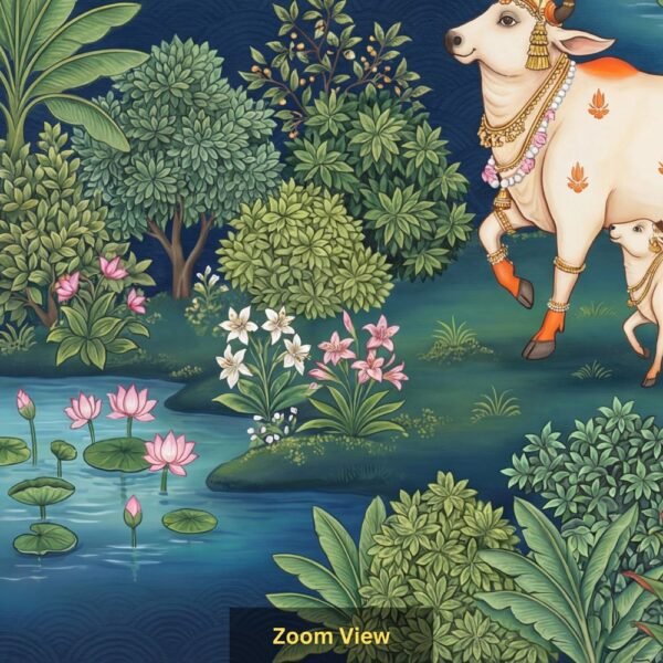 Sacred cow and calf wallpaper in Indian miniature painting style featuring lotus ponds, birds, lush greenery, and traditional nature motifs on a deep blue background