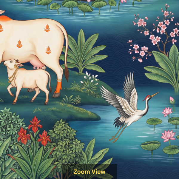Sacred cow and calf wallpaper in Indian miniature painting style featuring lotus ponds, birds, lush greenery, and traditional nature motifs on a deep blue background
