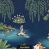 Sacred cow and calf wallpaper in Indian miniature painting style featuring lotus ponds, birds, lush greenery, and traditional nature motifs on a deep blue background