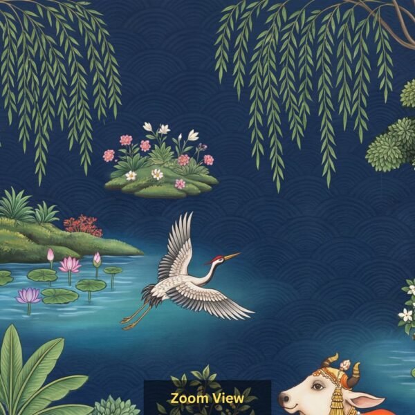Sacred cow and calf wallpaper in Indian miniature painting style featuring lotus ponds, birds, lush greenery, and traditional nature motifs on a deep blue background