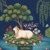 Sacred cow and calf wallpaper in Indian miniature painting style featuring lotus ponds, birds, lush greenery, and traditional nature motifs on a deep blue background