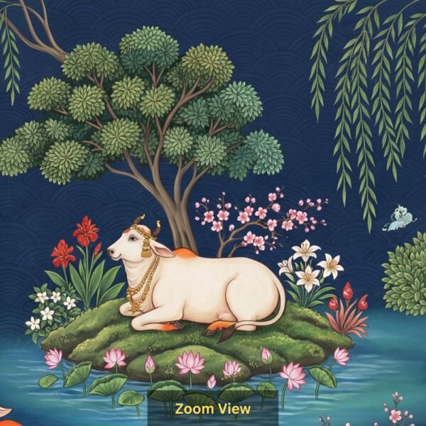 Sacred cow and calf wallpaper in Indian miniature painting style featuring lotus ponds, birds, lush greenery, and traditional nature motifs on a deep blue background