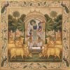 Pichwai painting of Lord Shrinathji with golden cows, Gopis, lotus floral border, peacocks and temple arch design in traditional Indian artwork style.