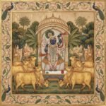 Pichwai painting of Lord Shrinathji with golden cows, Gopis, lotus floral border, peacocks and temple arch design in traditional Indian artwork style.