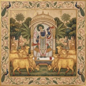 Pichwai painting of Lord Shrinathji with golden cows, Gopis, lotus floral border, peacocks and temple arch design in traditional Indian artwork style.