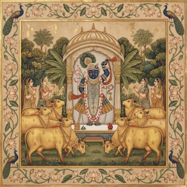 Pichwai painting of Lord Shrinathji with golden cows, Gopis, lotus floral border, peacocks and temple arch design in traditional Indian artwork style.