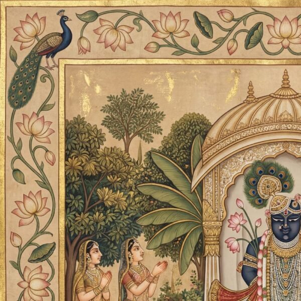 Pichwai painting of Lord Shrinathji with golden cows, Gopis, lotus floral border, peacocks and temple arch design in traditional Indian artwork style.