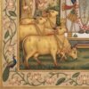 Pichwai painting of Lord Shrinathji with golden cows, Gopis, lotus floral border, peacocks and temple arch design in traditional Indian artwork style.