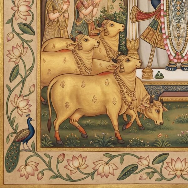 Pichwai painting of Lord Shrinathji with golden cows, Gopis, lotus floral border, peacocks and temple arch design in traditional Indian artwork style.