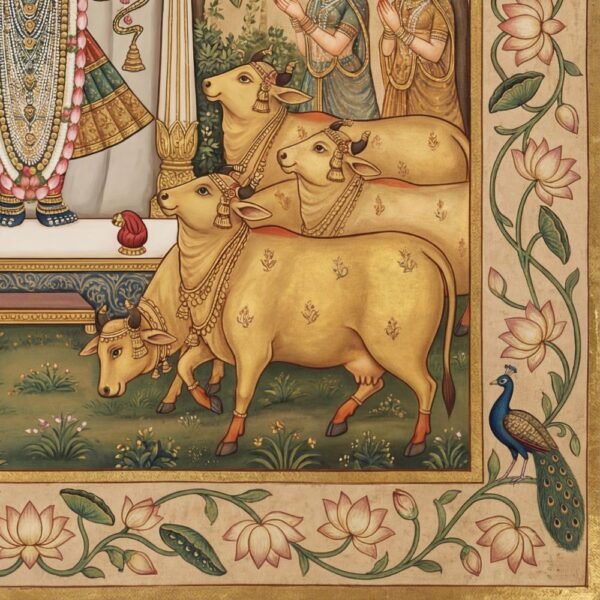 Pichwai painting of Lord Shrinathji with golden cows, Gopis, lotus floral border, peacocks and temple arch design in traditional Indian artwork style.