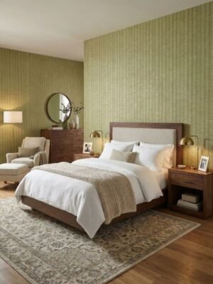 Olive green textured designer wallpaper with fabric weave pattern for modern living room and bedroom décor at Ruby The Furnishing Studio Ghatkopar East.