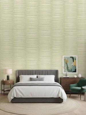 Luxury sage green vertical textured wallpaper with subtle linear fabric effect, Armani Casa inspired modern designer wallcovering for living room and bedroom interiors.
