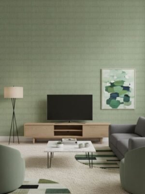 Luxury deep sage green vertical textured wallpaper with linear fabric effect, Armani Casa inspired designer wallcovering for modern living room, bedroom and office interiors.