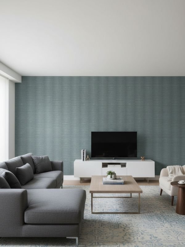 Luxury deep teal blue vertical textured wallpaper with linear woven fabric effect, Armani Casa inspired modern designer wallcovering for living room, bedroom and office interiors.