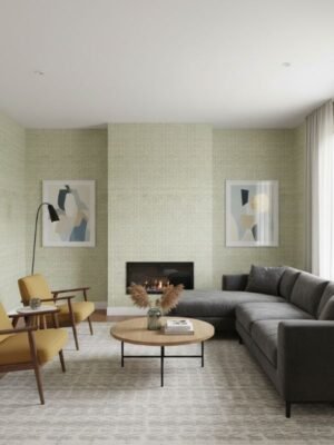 Luxury sage green textured wallpaper with woven linen fabric effect, Armani Casa inspired wallcovering design for modern living room and bedroom interiors.
