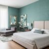 Teal green textured wallpaper with woven fabric effect, luxury grasscloth style wallcovering for modern living room and bedroom interiors