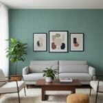 Teal green textured wallpaper with woven fabric effect, luxury grasscloth style wallcovering for modern living room and bedroom interiors