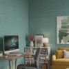 Teal green textured wallpaper with woven fabric effect, luxury grasscloth style wallcovering for modern living room and bedroom interiors