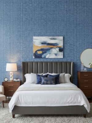 Blue textured wallpaper with woven linen fabric effect design, Armani Casa GA89817 wallpaper at Ruby The Furnishing Studio Ghatkopar East Mumbai