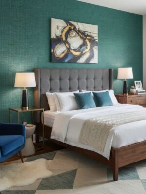 Modern living room interior with teal textured wallpaper accent wall, grey sofa, orange armchairs, wooden side tables and contemporary decor – luxury wallpaper design for stylish home interiors.