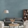 Plain blue textured wallpaper with subtle horizontal weave pattern, modern grasscloth finish wallcovering for living room and bedroom interiors